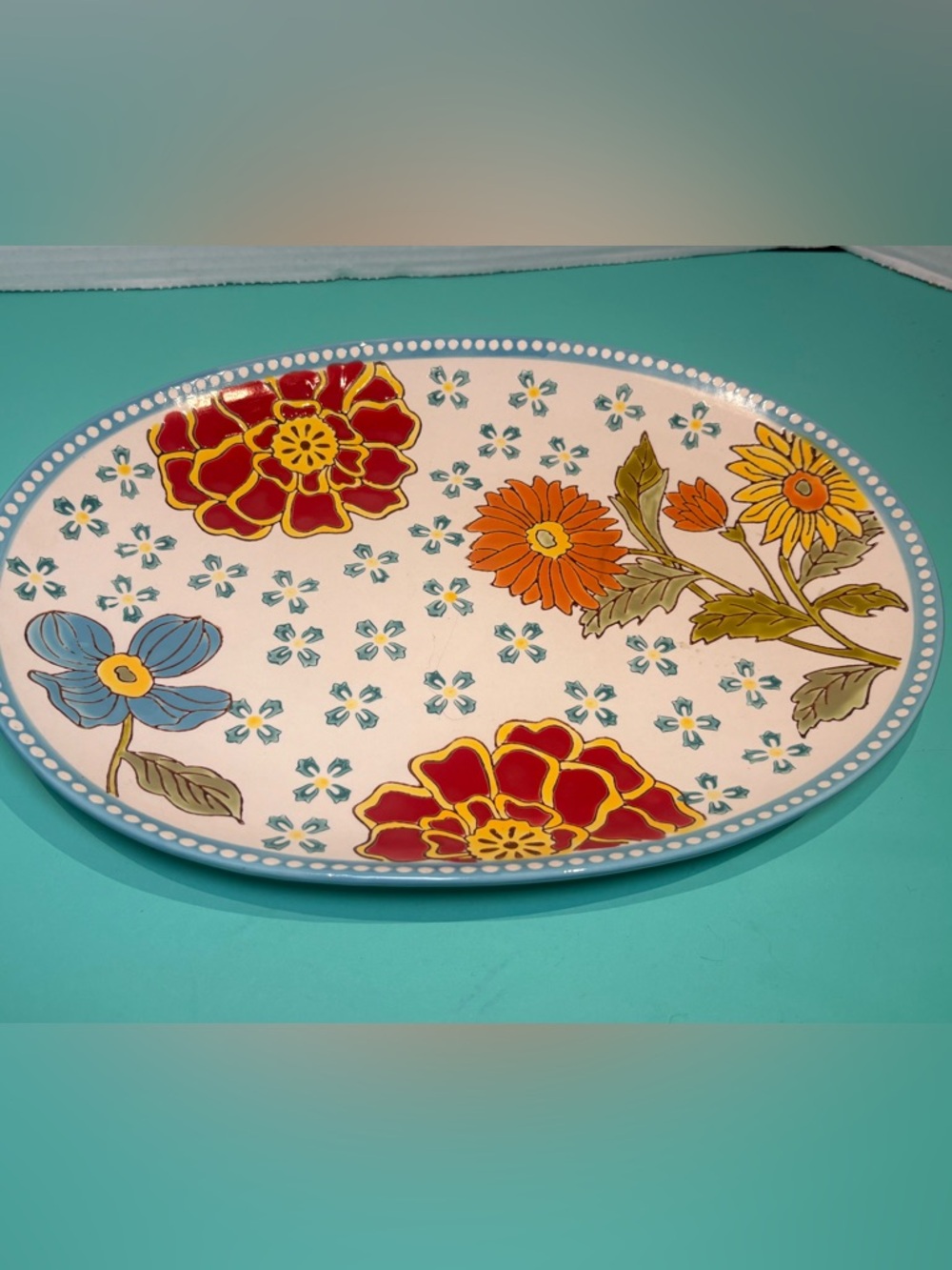 Dutch Wax Coastline Imports Floral 13” Serving Dish Hand-Painted Ceramic